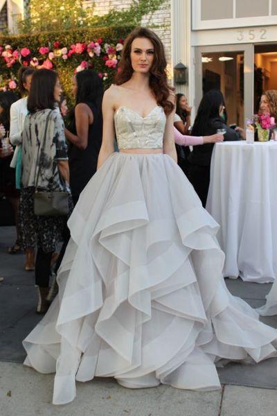 Grey thin organza two-piece sweetheart A-line long ball dress