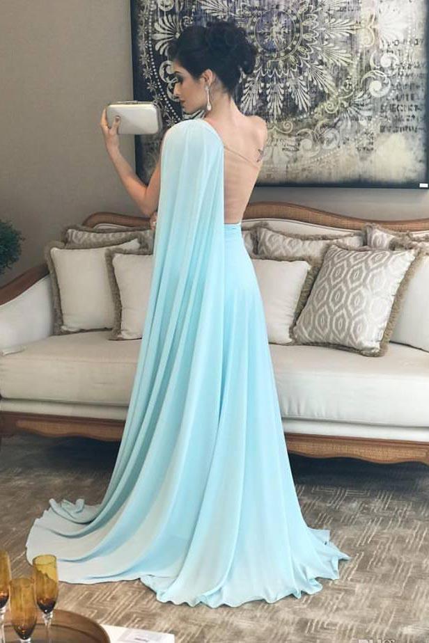 Green A-line Chiffon Single Shoulder Lotus Edge Formal Ball Long Dress
