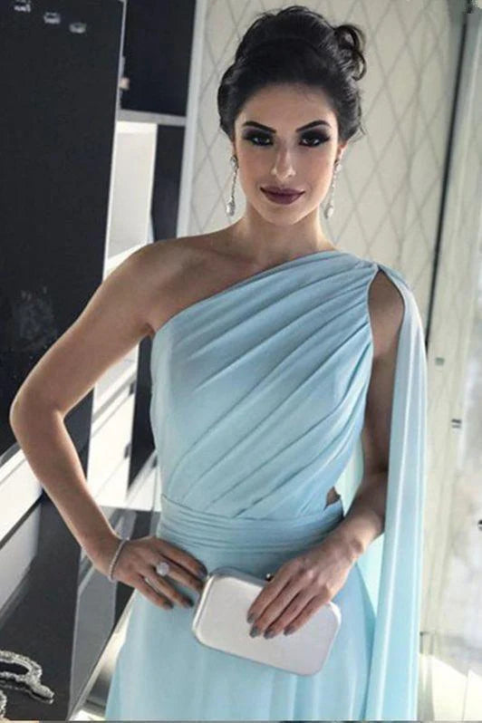 Green A-line Chiffon Single Shoulder Lotus Edge Formal Ball Long Dress