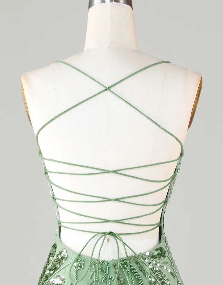Cute slim fit green spaghetti strap with sequin back-to-school party dress