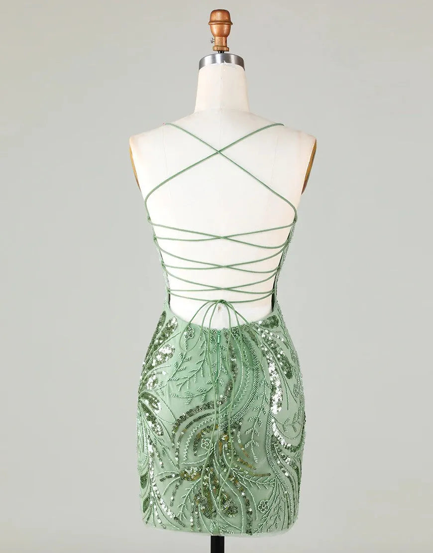Cute slim fit green spaghetti strap with sequin back-to-school party dress