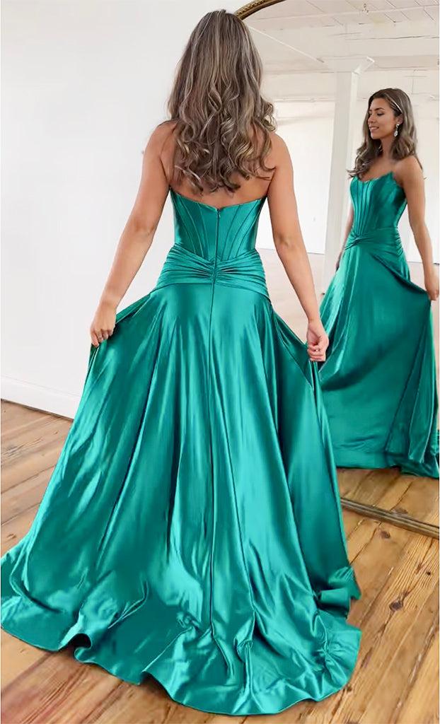 A-Line Satin Green Long Prom Dress Green Long Formal Dress