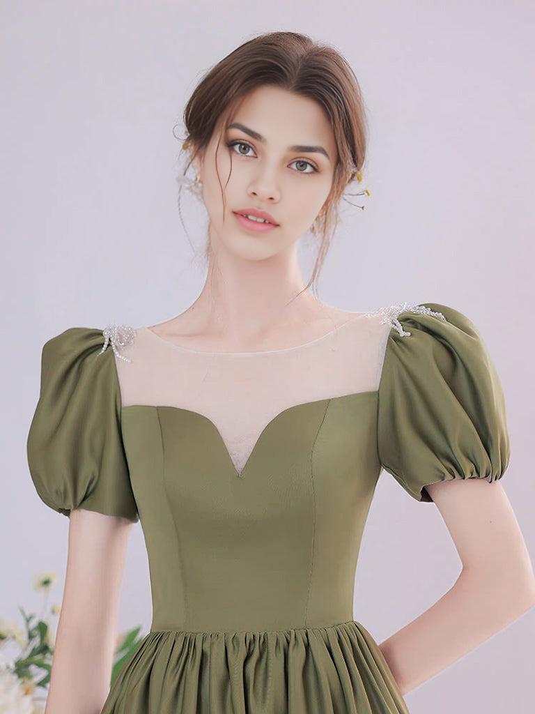 A-Line Green Satin Tea Length Prom Dress Green Long Formal Dress