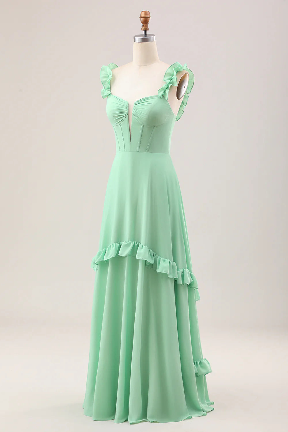 A Line Off The Shoulder Corset Chiffon Long Bridesmaid Dress with Ruffles