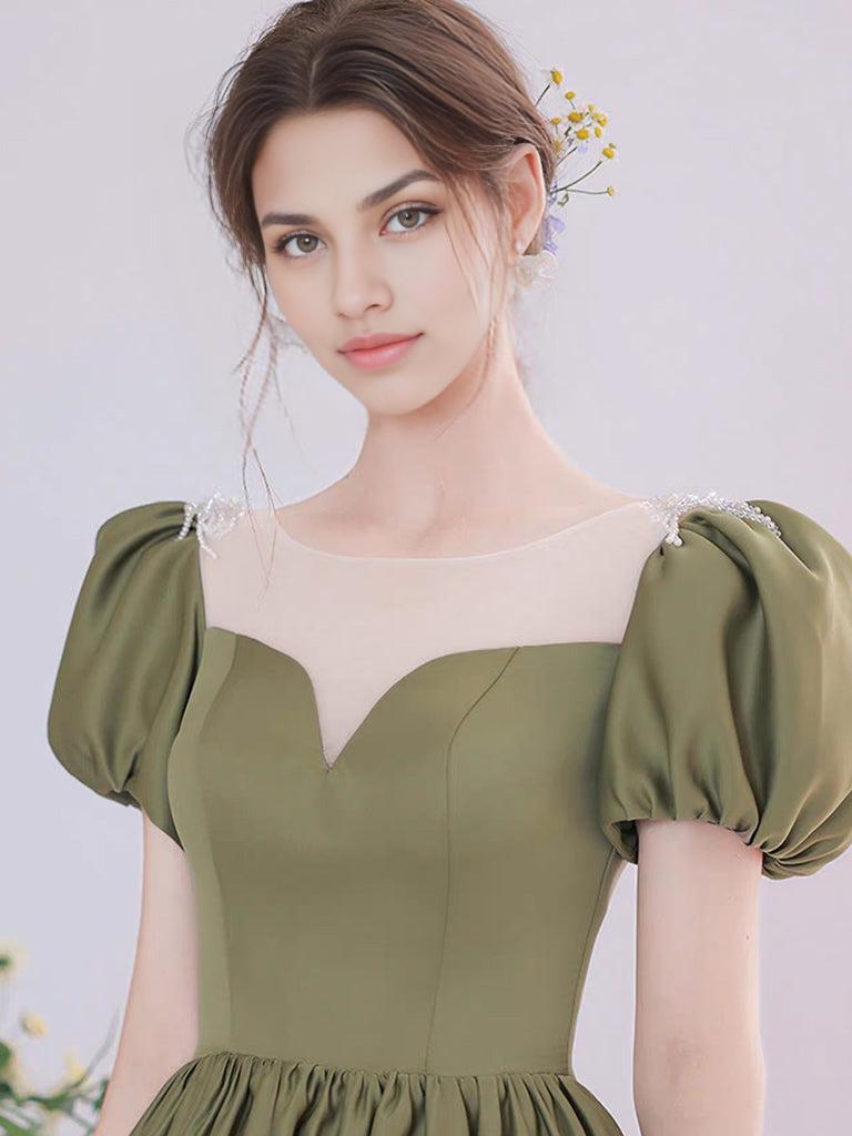 A-Line Green Satin Tea Length Prom Dress Green Long Formal Dress