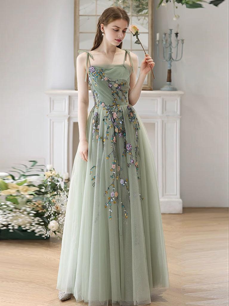 A-Line Tulle Beads Green Long Prom Dress Green Long Prom Dress