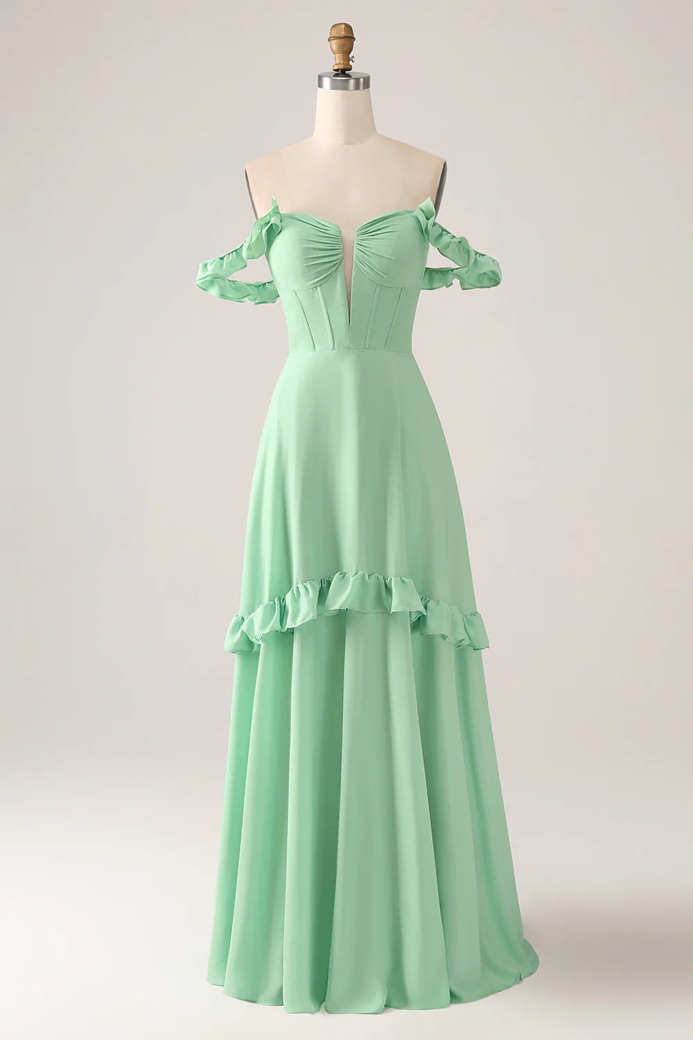 A Line Off The Shoulder Corset Chiffon Long Bridesmaid Dress with Ruffles
