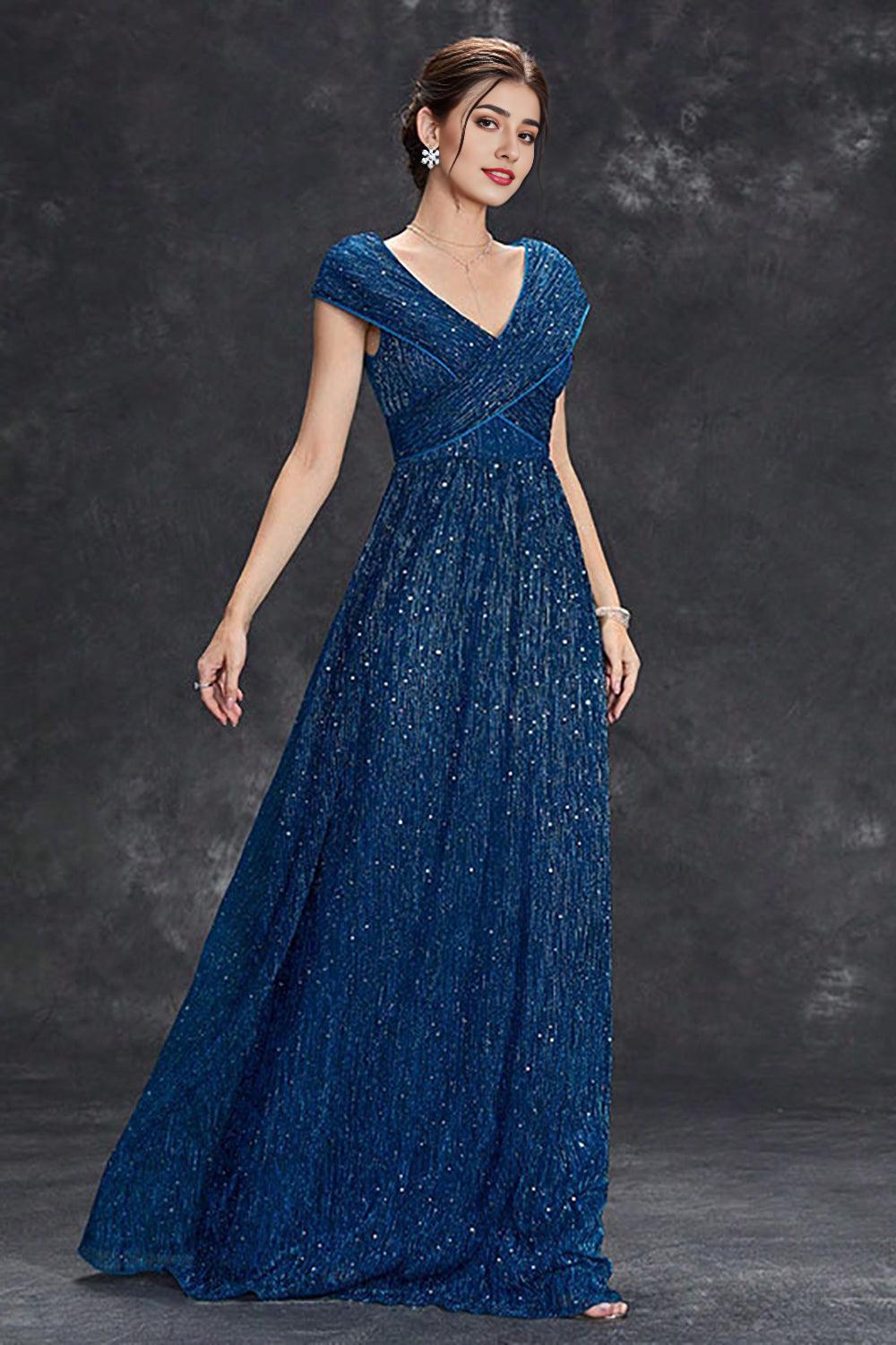 Sparkly Grey Blue A-Line V-Neck Long Maxi Mother of the Bride Dress With Pleated