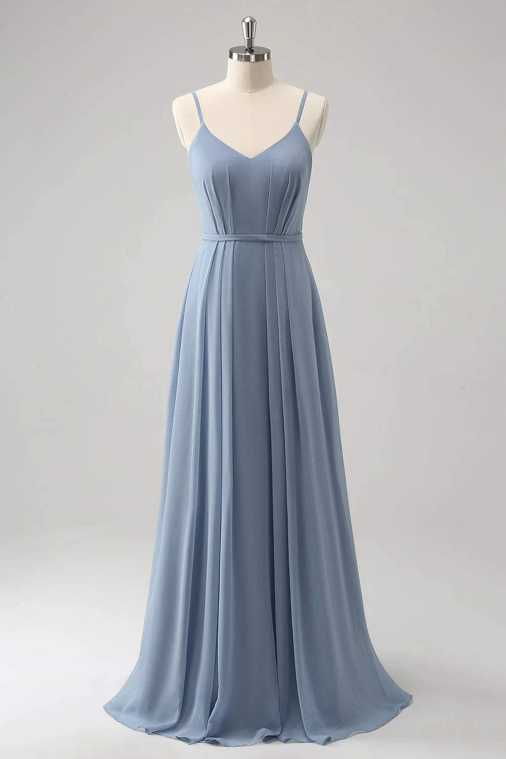 A Line Spaghetti Straps Pleated Long Bridesmaid Dress