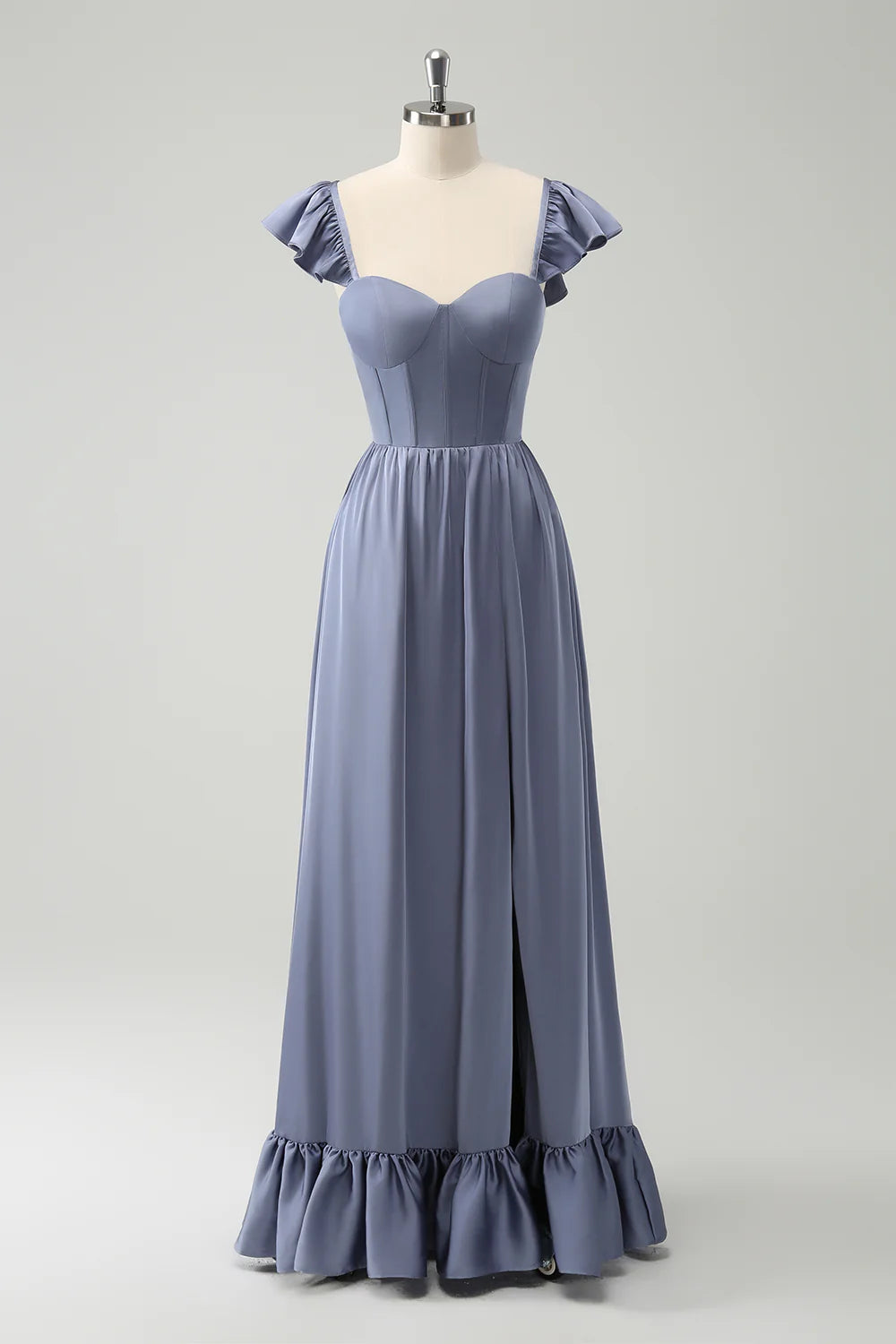 A Line Satin Corset Detachable Straps Long Bridesmaid Dress with Slit