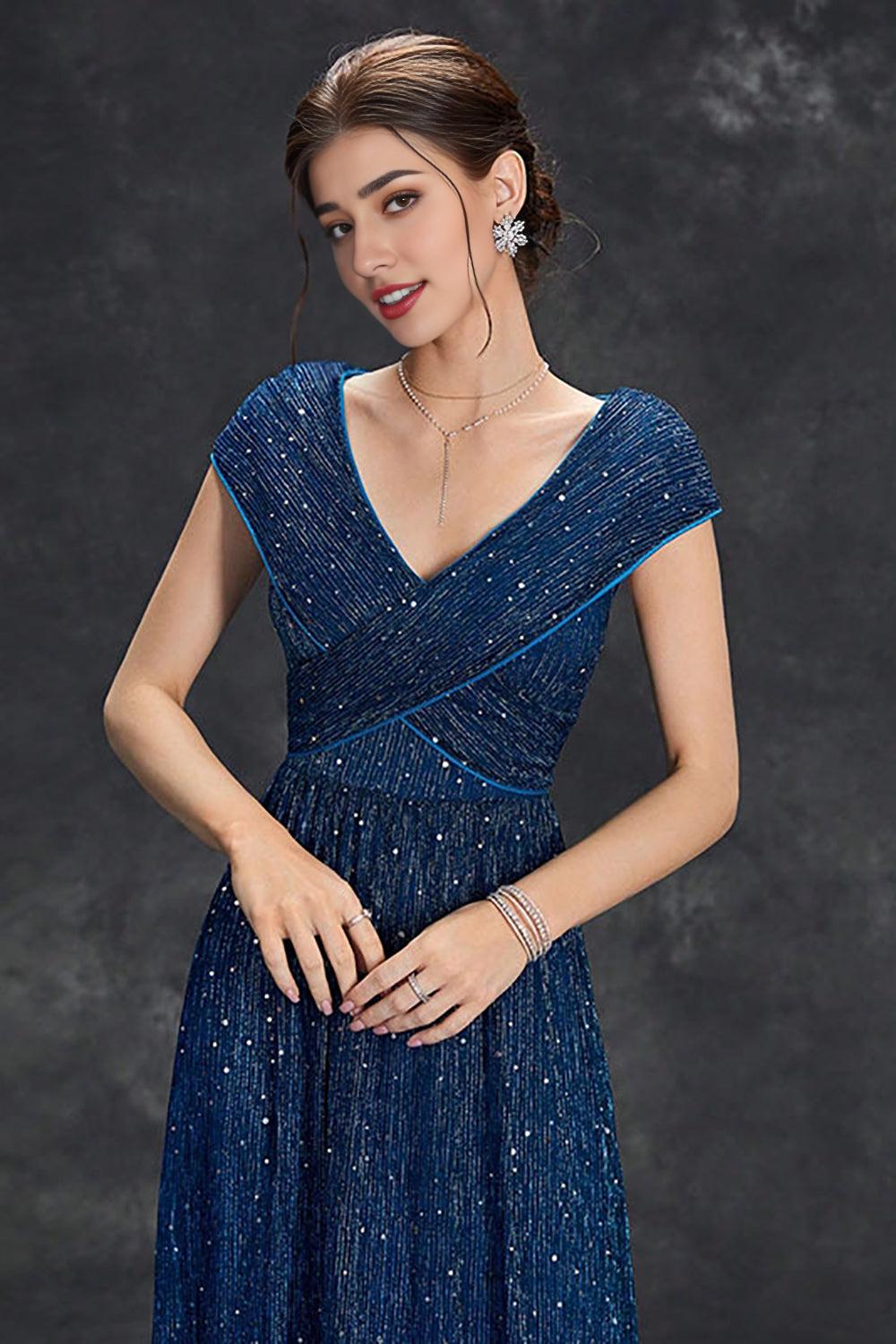 Sparkly Grey Blue A-Line V-Neck Long Maxi Mother of the Bride Dress With Pleated