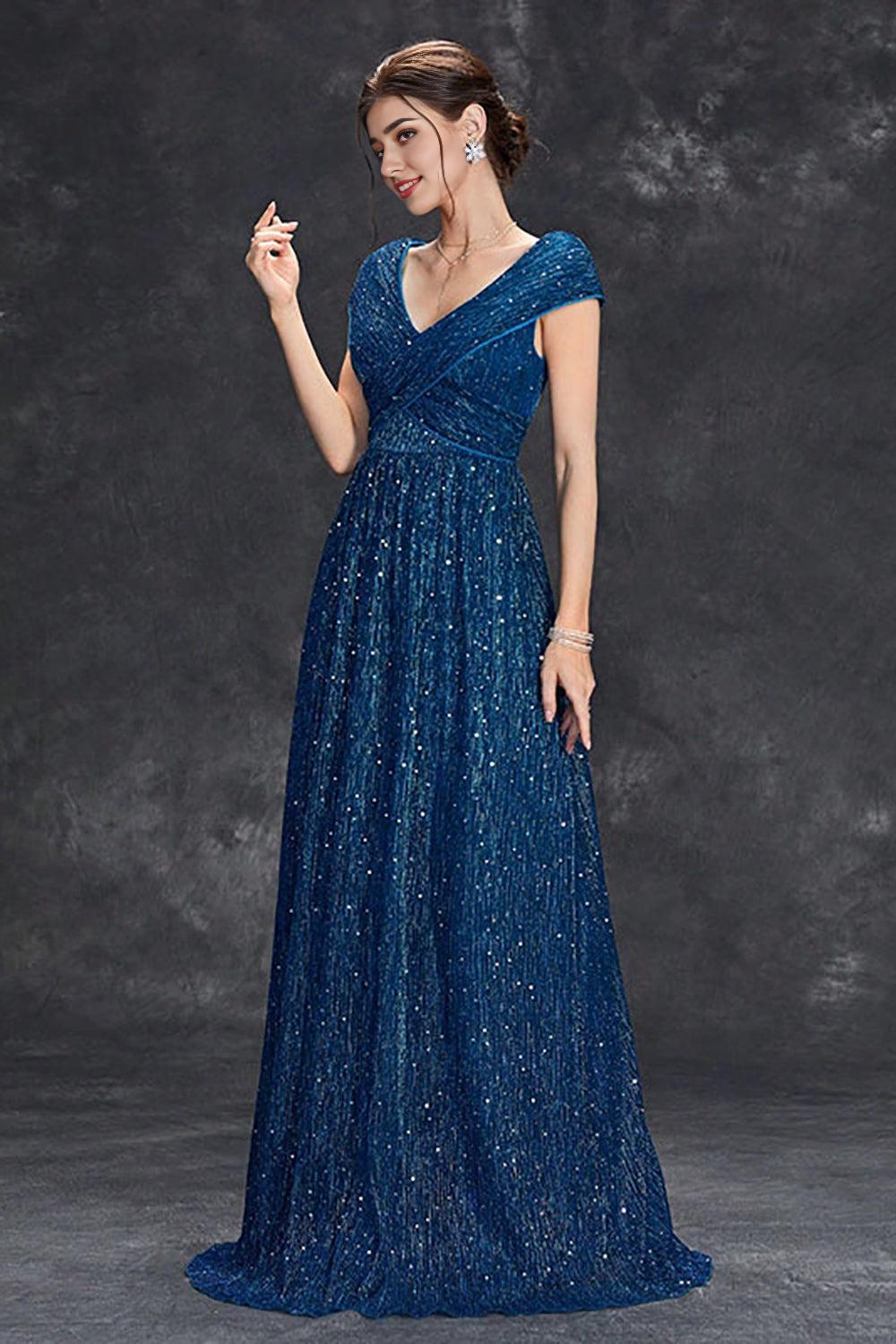 Sparkly Grey Blue A-Line V-Neck Long Maxi Mother of the Bride Dress With Pleated