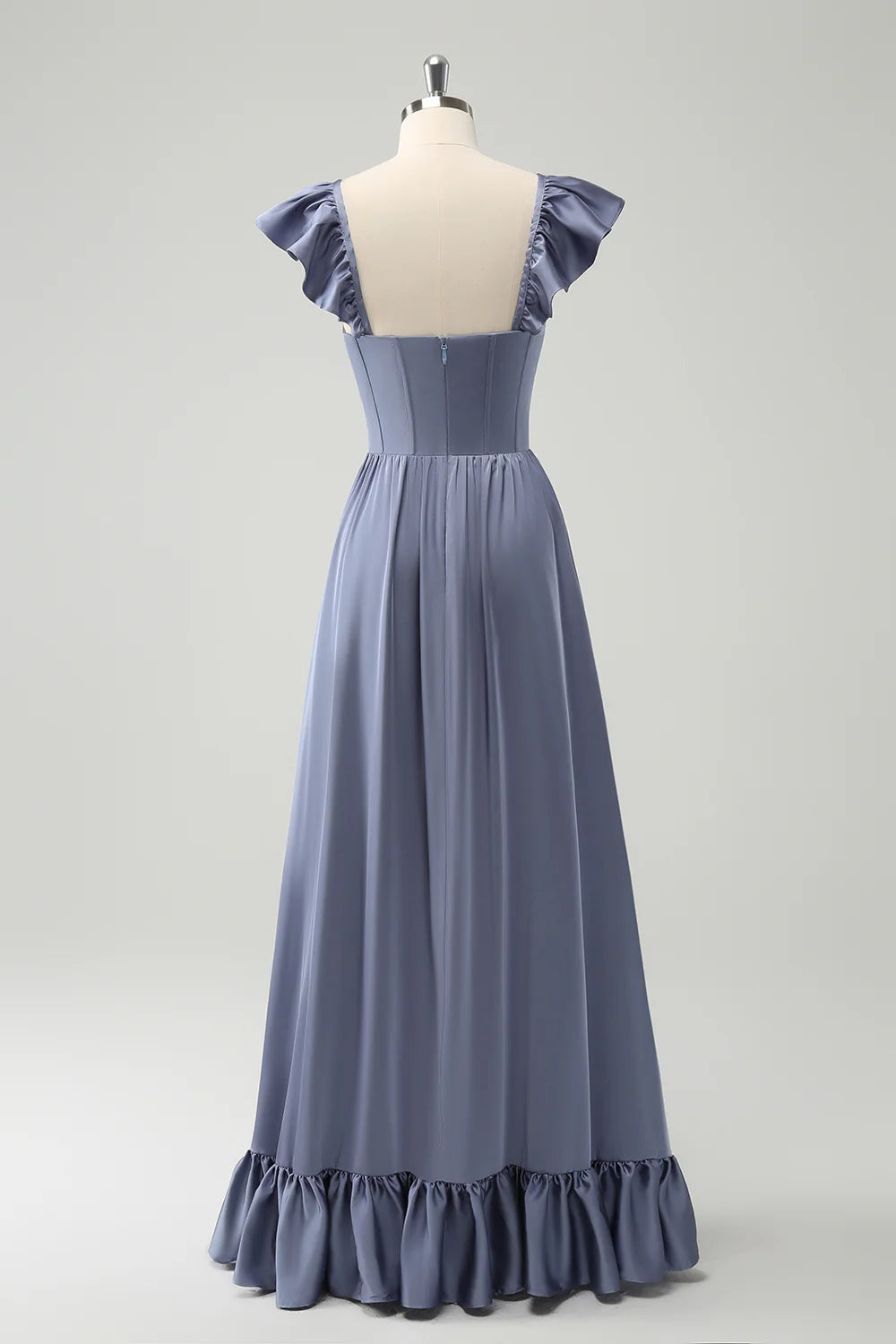 A Line Satin Corset Detachable Straps Long Bridesmaid Dress with Slit