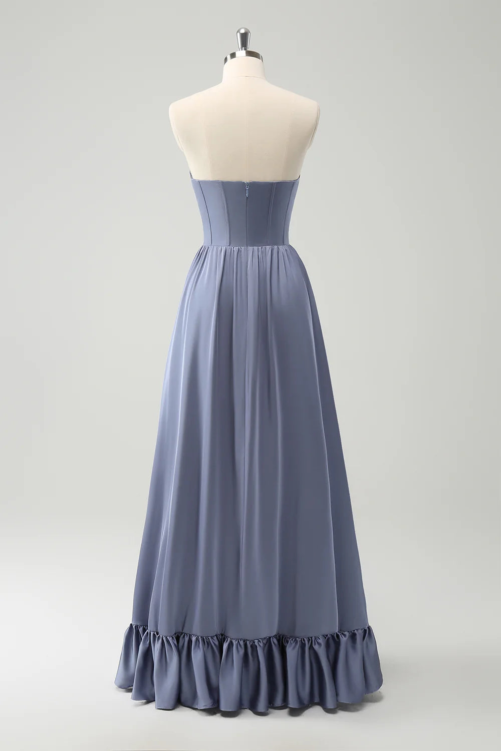 A Line Satin Corset Detachable Straps Long Bridesmaid Dress with Slit