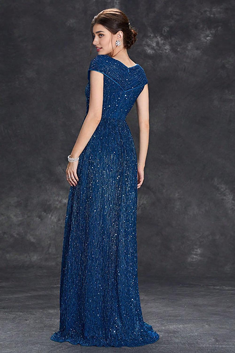 Sparkly Grey Blue A-Line V-Neck Long Maxi Mother of the Bride Dress With Pleated