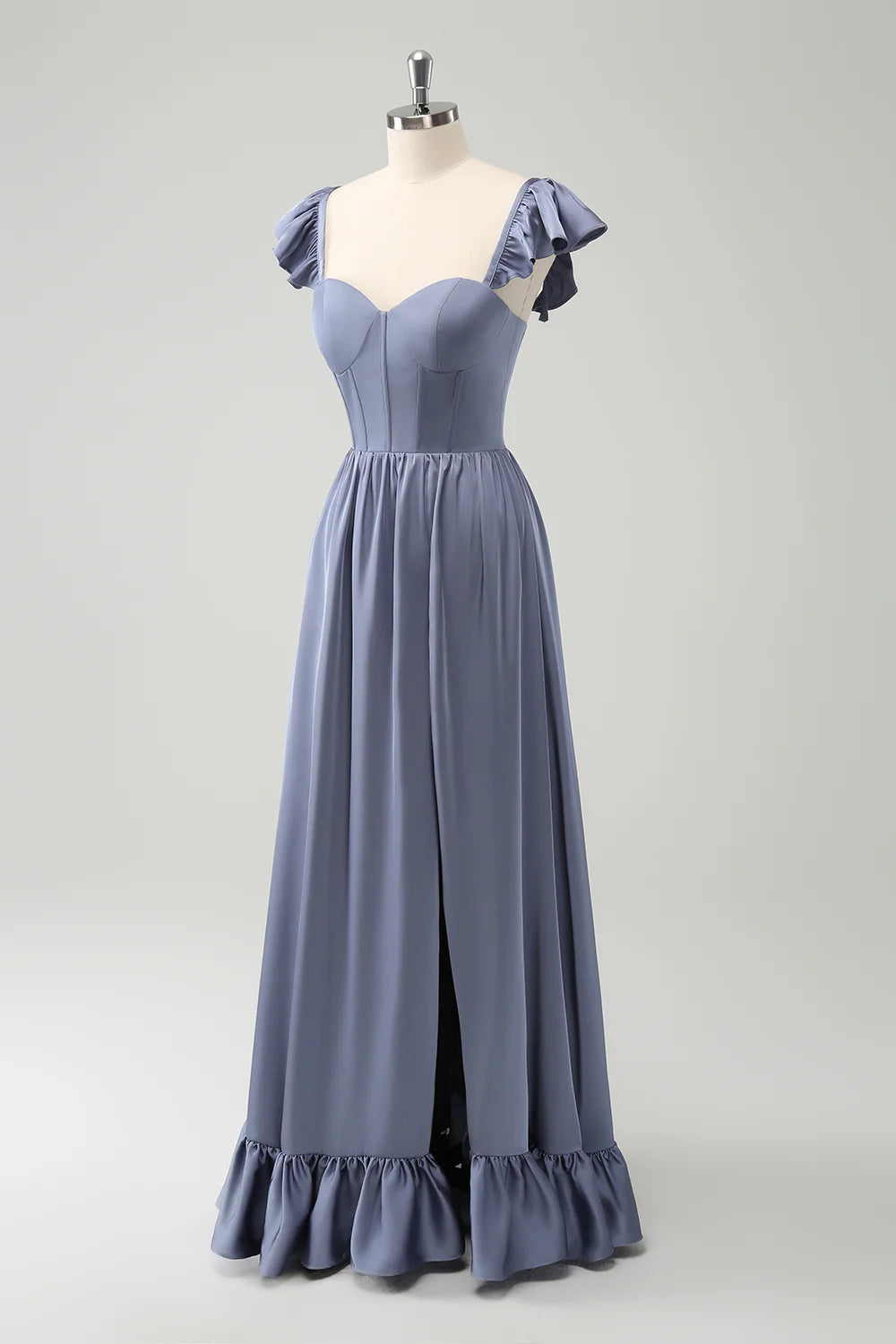 A Line Satin Corset Detachable Straps Long Bridesmaid Dress with Slit