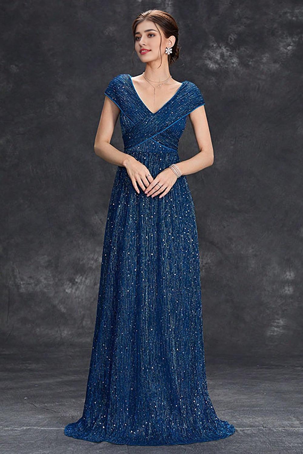 Sparkly Grey Blue A-Line V-Neck Long Maxi Mother of the Bride Dress With Pleated