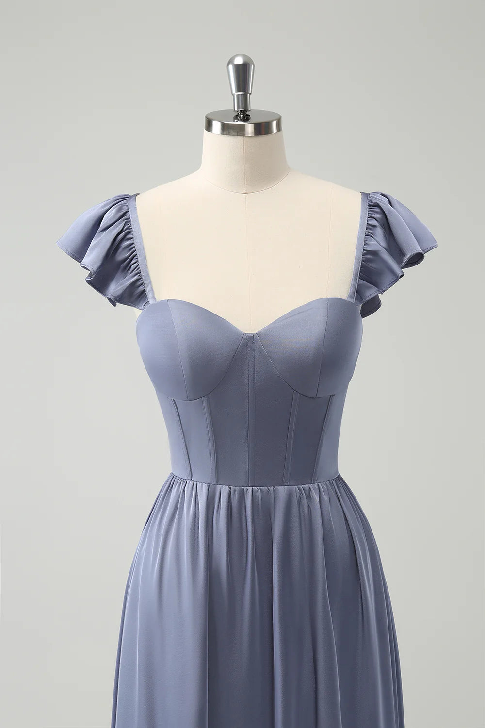 A Line Satin Corset Detachable Straps Long Bridesmaid Dress with Slit