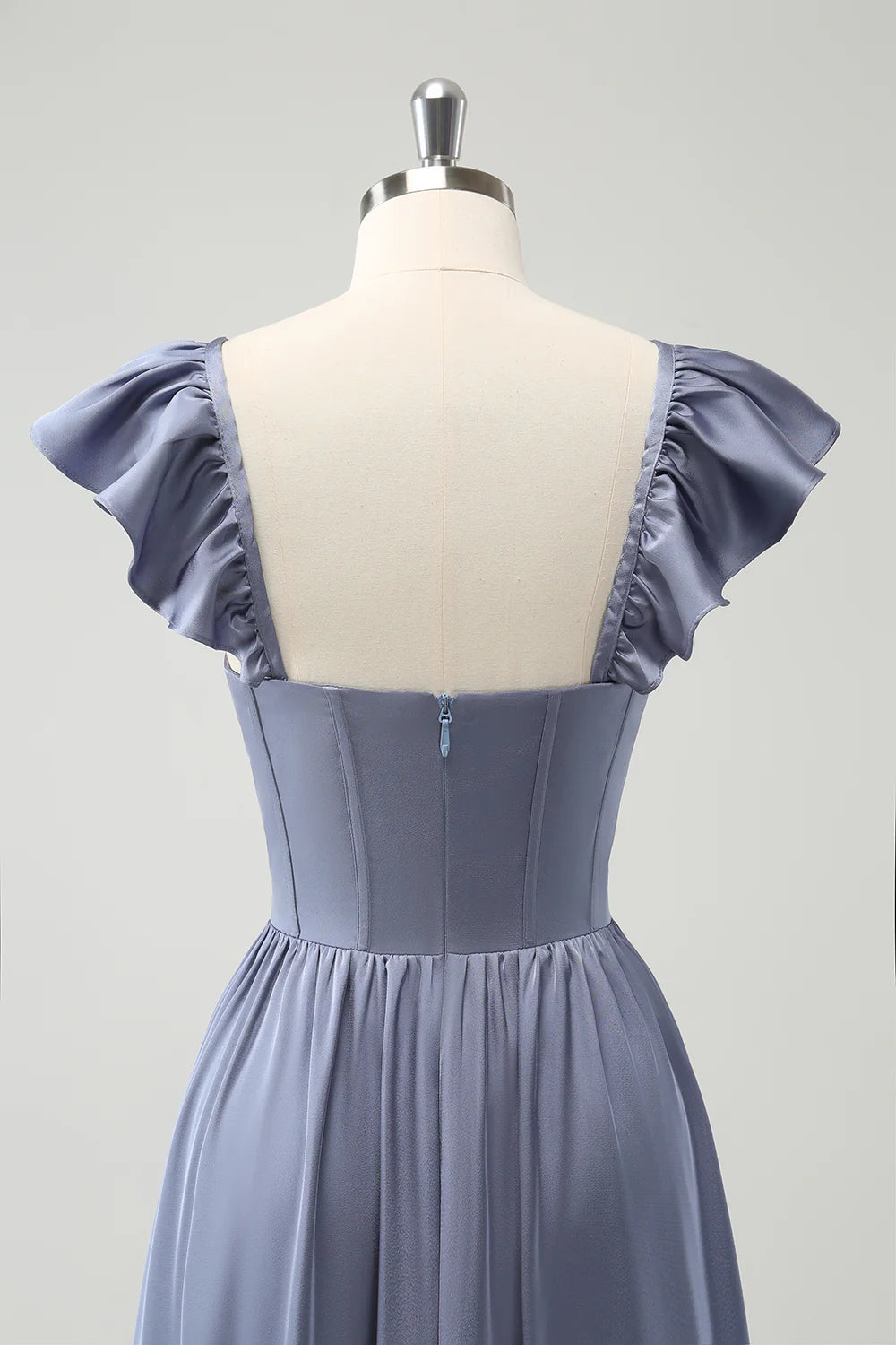 A Line Satin Corset Detachable Straps Long Bridesmaid Dress with Slit