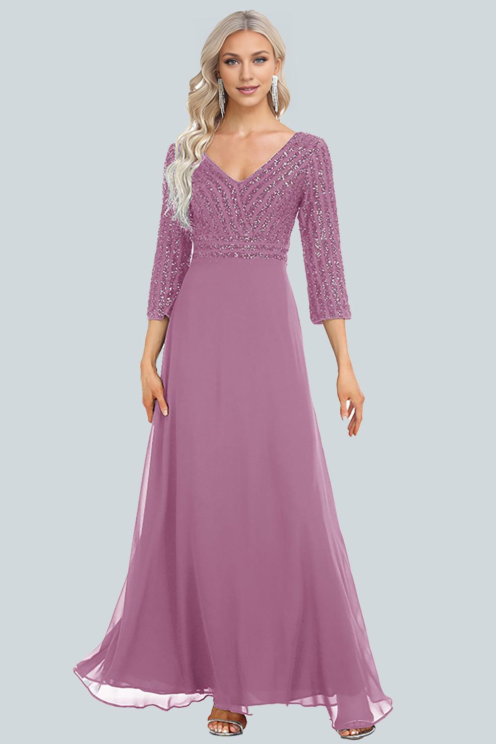 Women's Chiffon Double V-neck A-line Sequin Splicing Mother of the Bride Dress