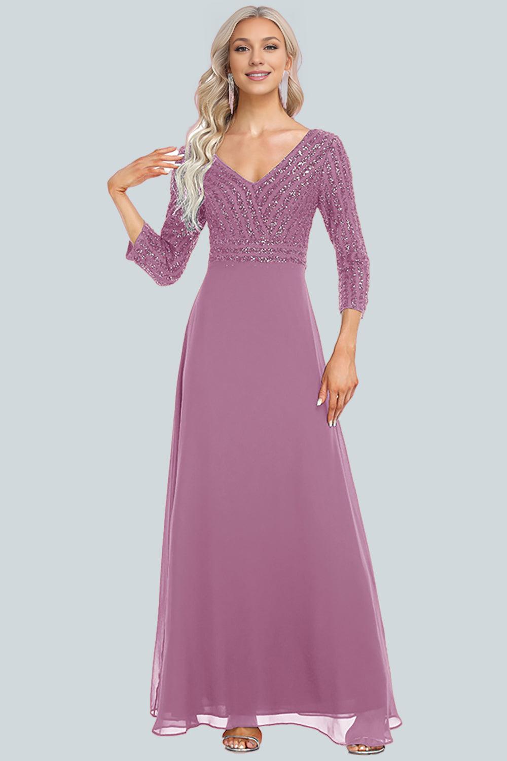 Women's Chiffon Double V-neck A-line Sequin Splicing Mother of the Bride Dress