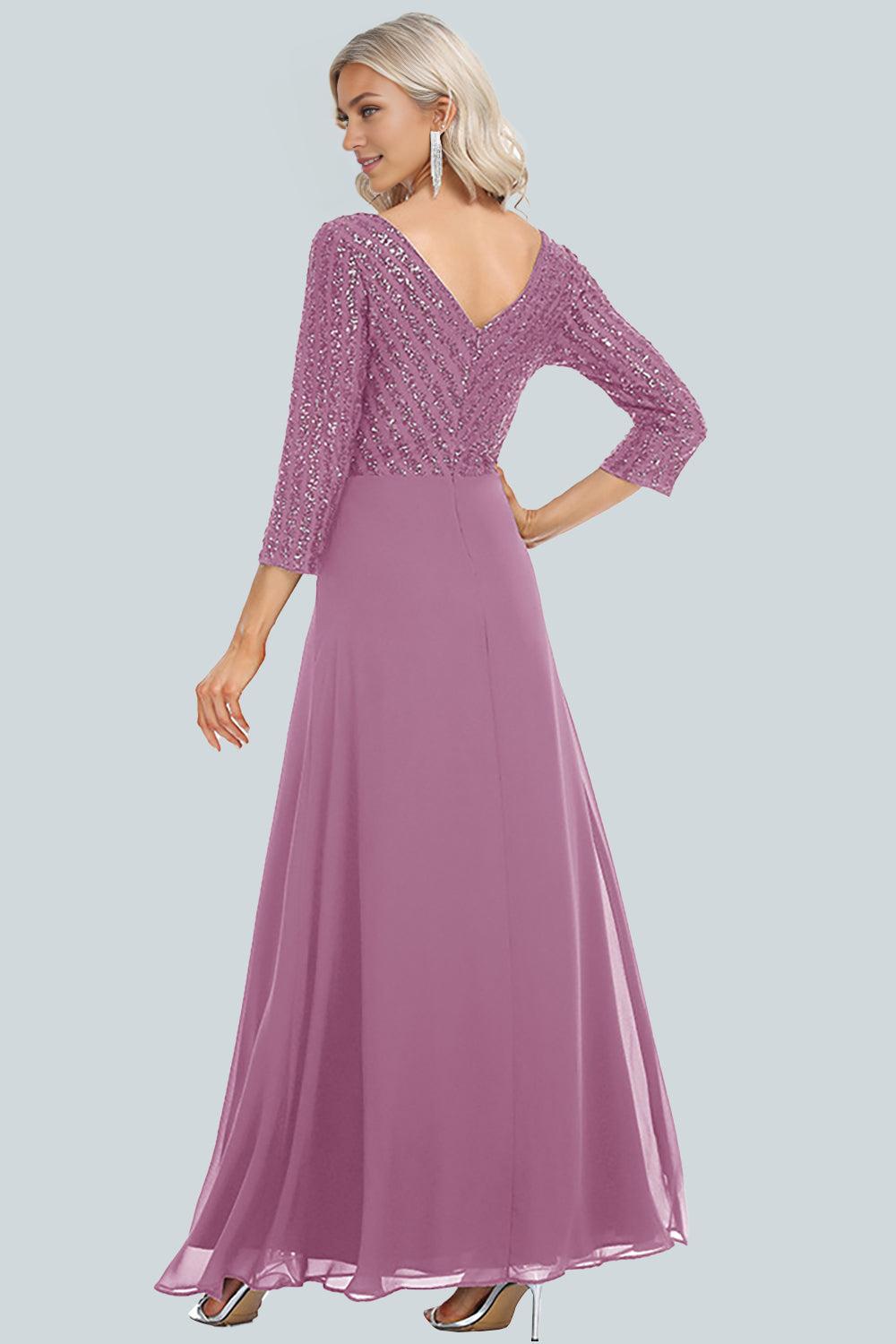 Women's Chiffon Double V-neck A-line Sequin Splicing Mother of the Bride Dress