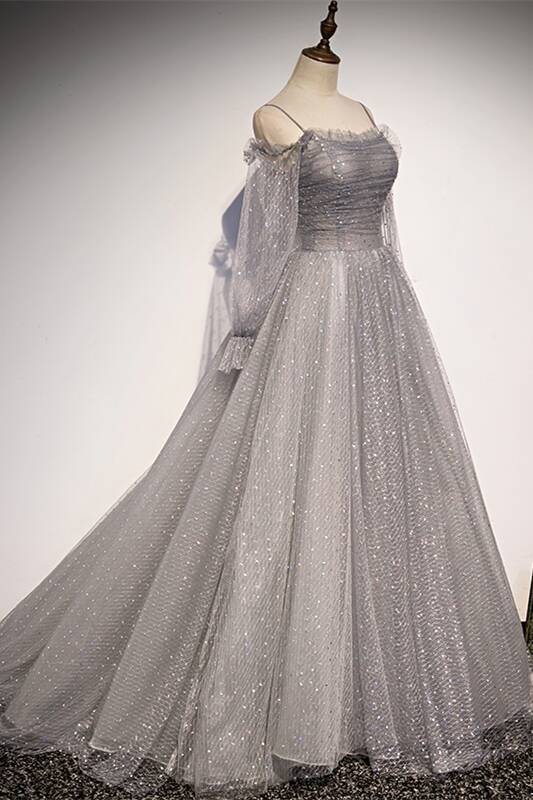 Long Sleeves Shiny Grey Starry Formal Dress