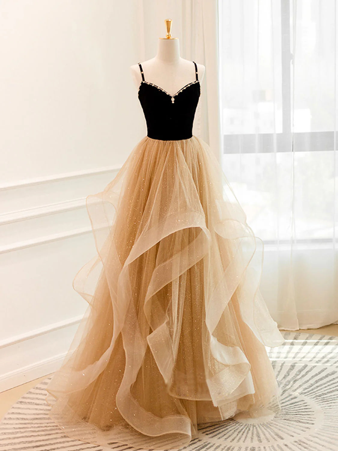 A-Line Champagne Tulle Long Prom Dress Long Prom Dresses
