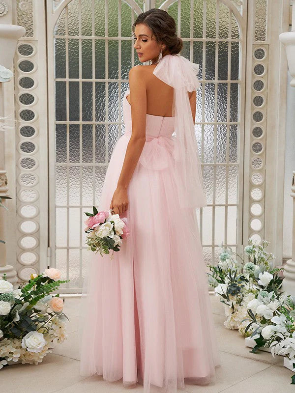 Open back A-line sheer pink bridesmaid dress and floor dress with pleats