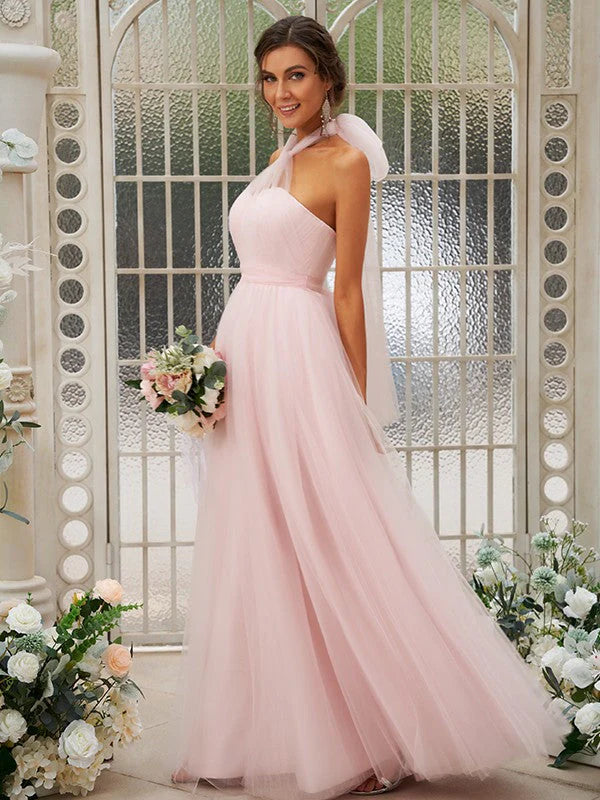 Open back A-line sheer pink bridesmaid dress and floor dress with pleats