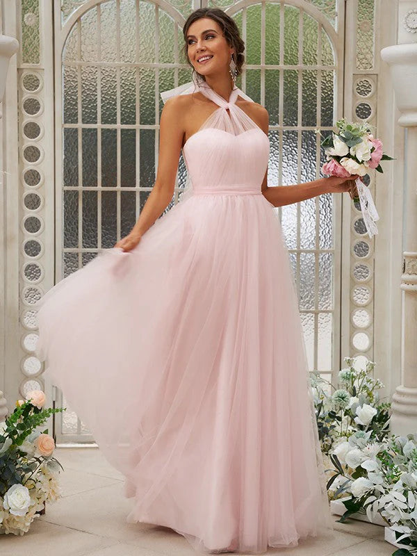 Open back A-line sheer pink bridesmaid dress and floor dress with pleats