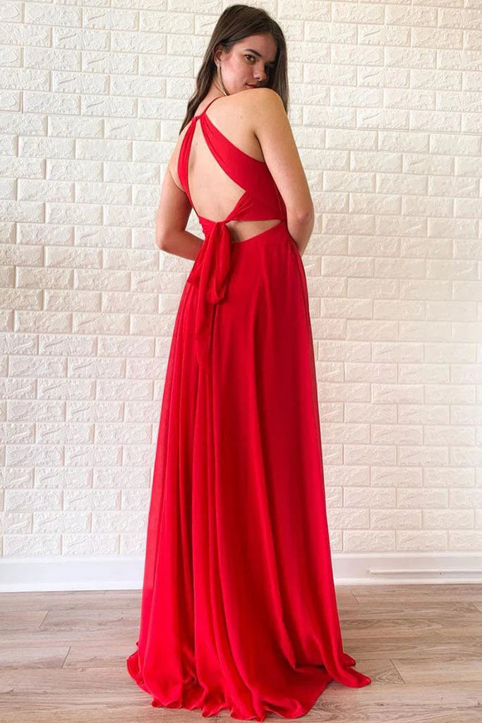 Backless A-line Red Chiffon Sleeveless Ball Dress Long Evening Dress