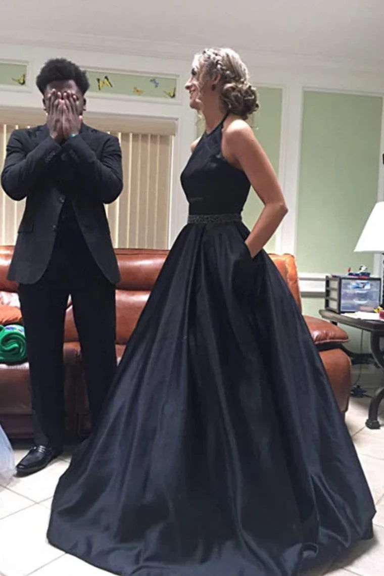Satin ball dress with beads, long evening dress with pockets