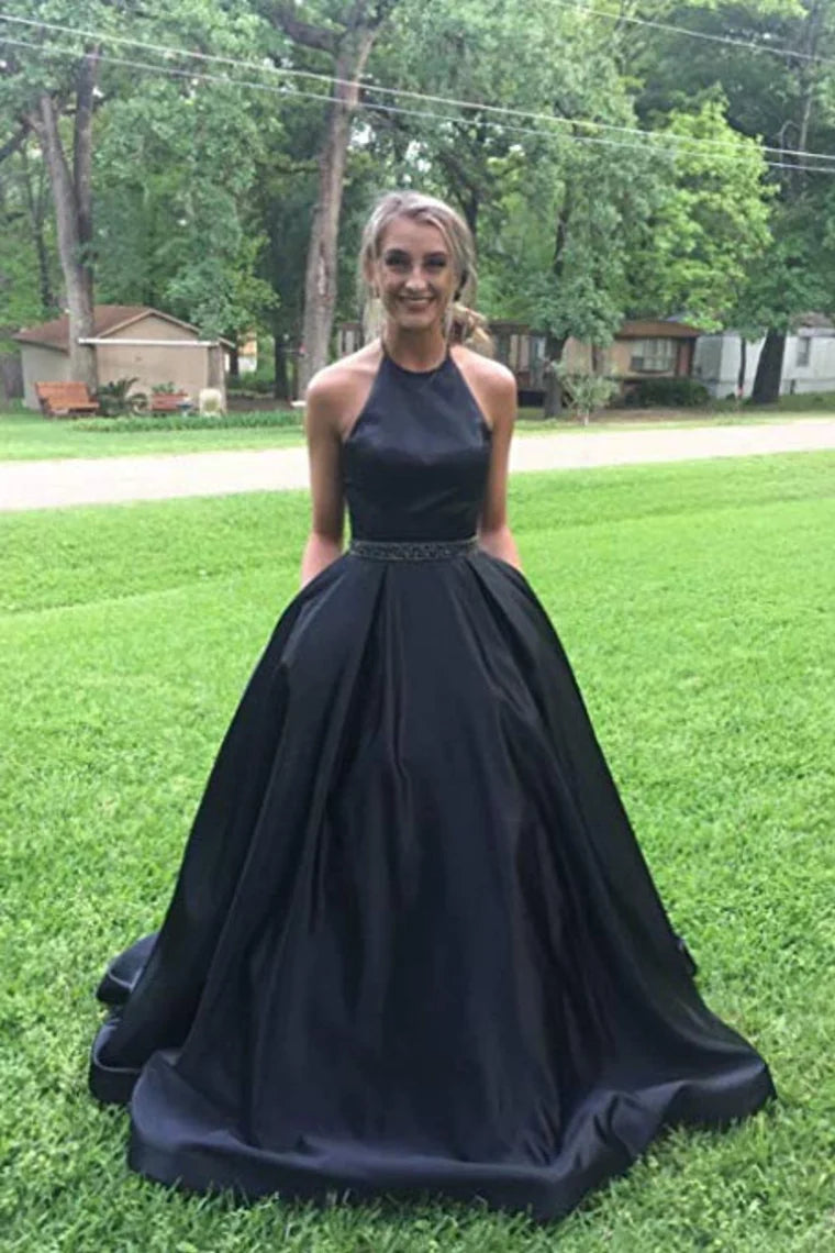 Satin ball dress with beads, long evening dress with pockets