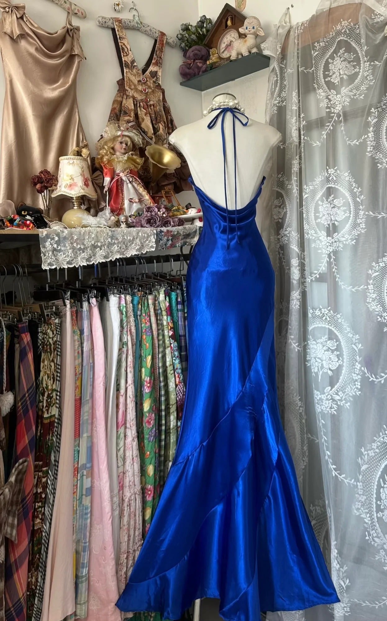 Halter Neck Rhinestone Embellished Satin Mermaid Evening Dress with Back Tie Closure