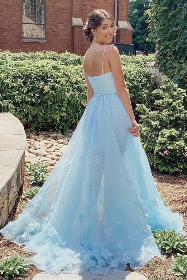 Italian spaghetti strap sheer ball dress paired with 3D floral evening dress