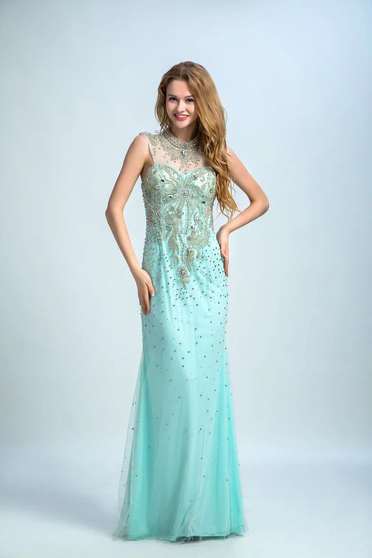 Elegant high necked hollowed out formal suit with tight fitting beaded sheer and ground length skirt