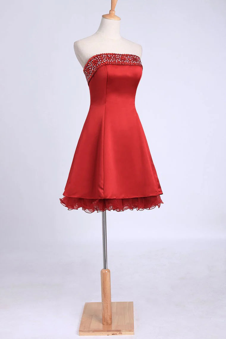 Strapless A-line short mini style with crystal bead satin and sheer dress