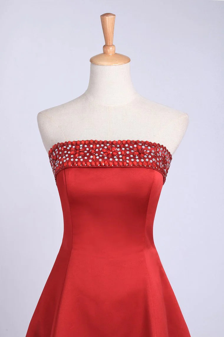Strapless A-line short mini style with crystal bead satin and sheer dress