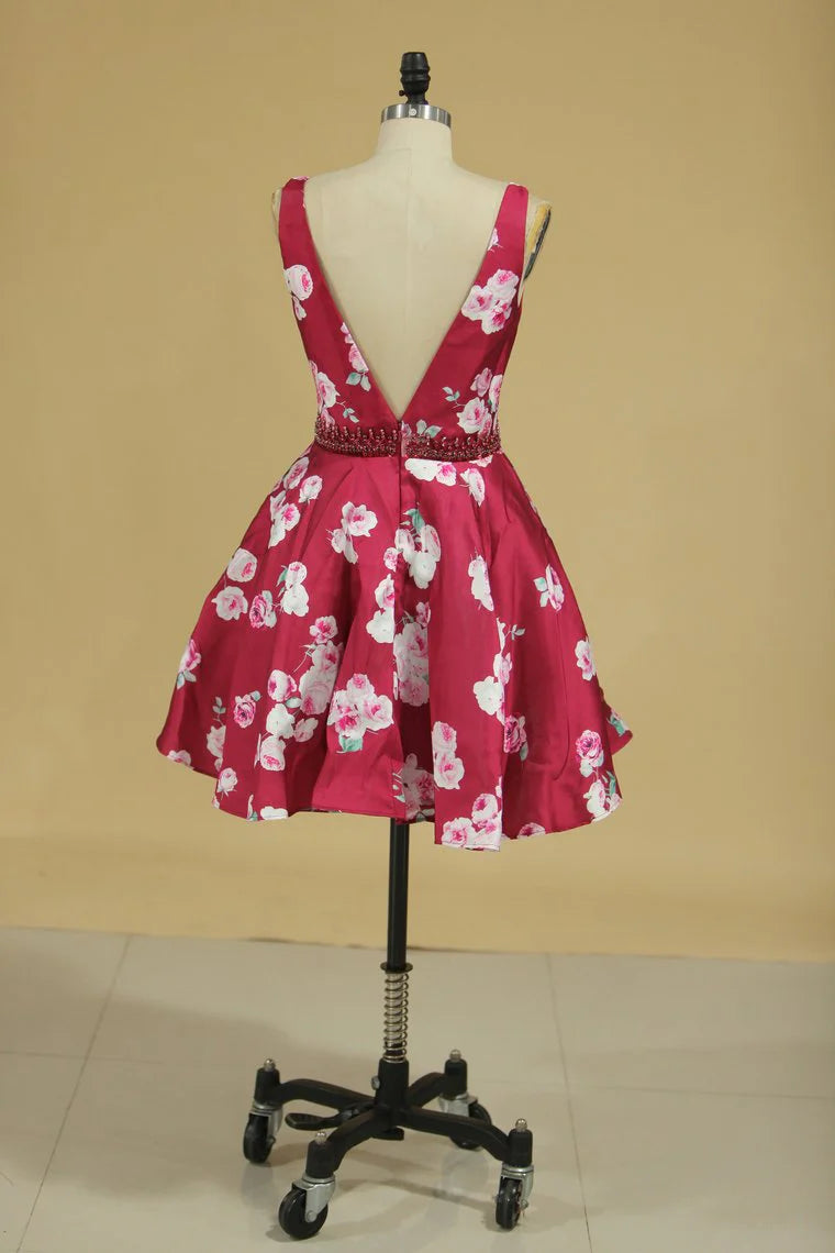 Classic Noble Dress V-neck A-line Short Mini Satin Flower