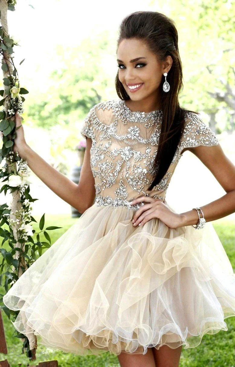 Back to school party short and charming ball dress with hat sleeves and backless ball dress