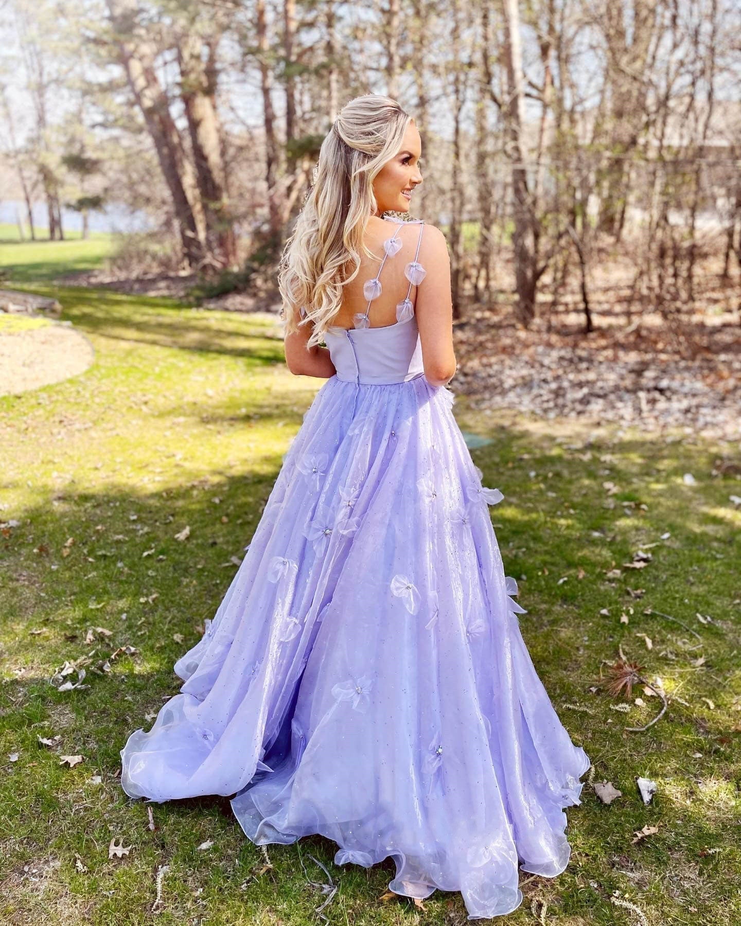 Hot selling lavender spaghetti strap sheer floral dance dress