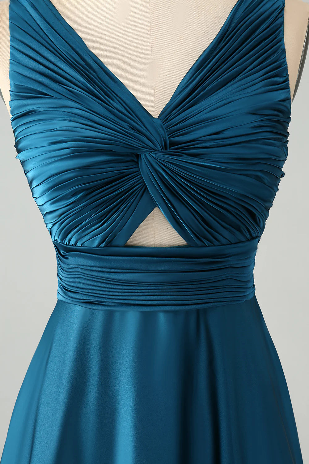 A Line V Neck Cut Out Pleated Satin Long Bridesmaid Dress