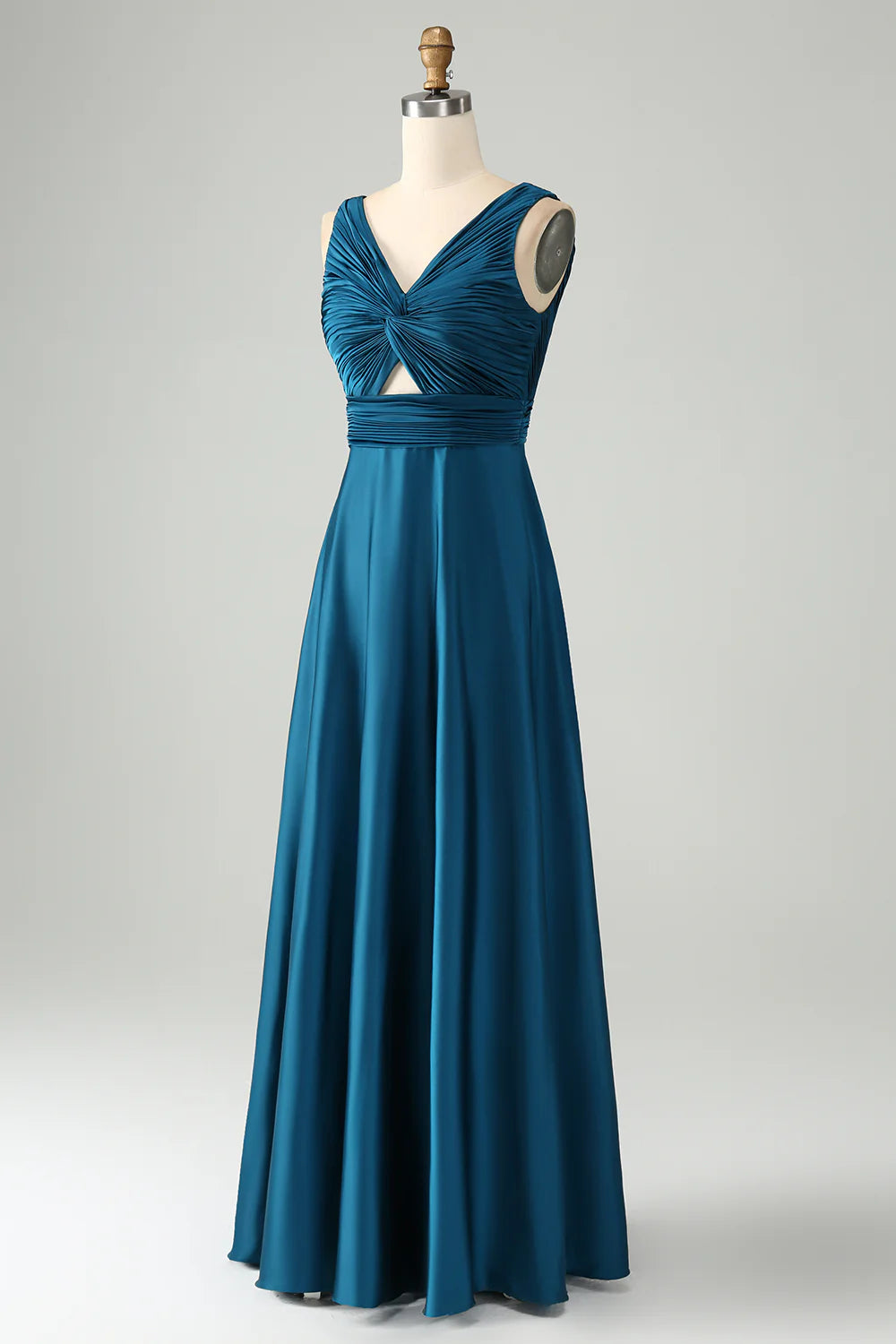 A Line V Neck Cut Out Pleated Satin Long Bridesmaid Dress
