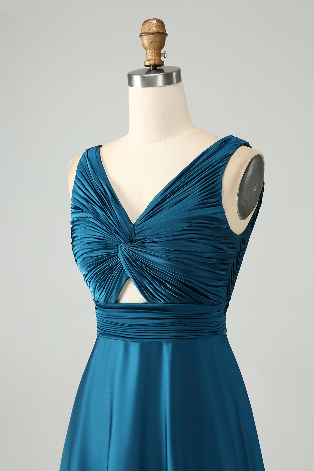 A Line V Neck Cut Out Pleated Satin Long Bridesmaid Dress