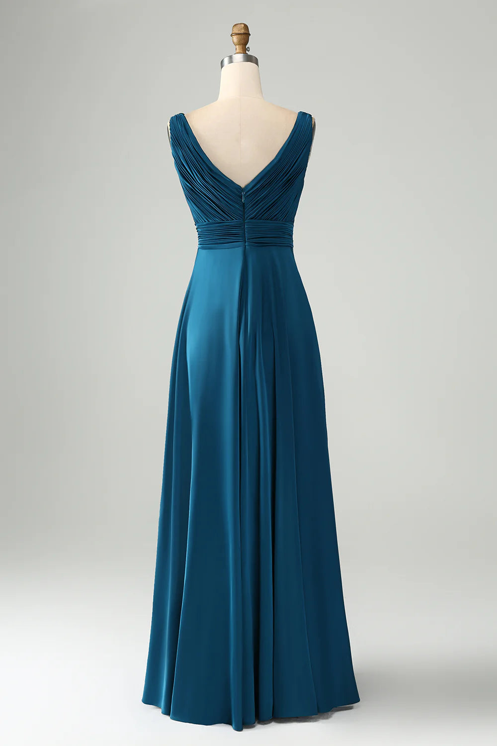 A Line V Neck Cut Out Pleated Satin Long Bridesmaid Dress