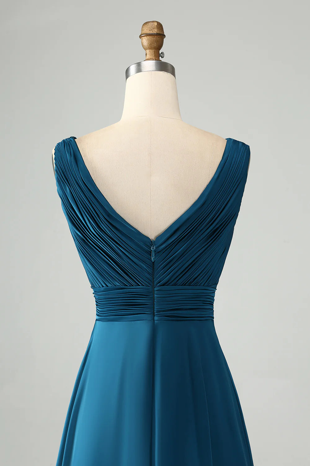 A Line V Neck Cut Out Pleated Satin Long Bridesmaid Dress