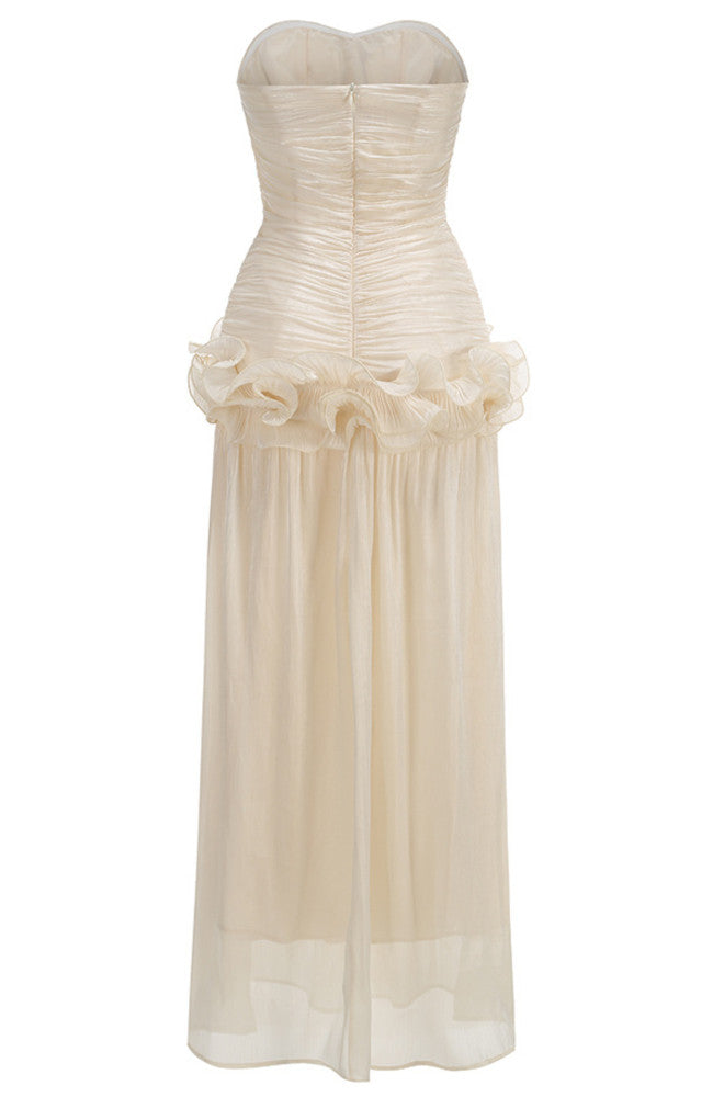 Ivory Maxi Evening Dresses with Sweetheart Strapless Bodice Ruched Waist Ruffled Flounce Hem and Mermaid Silhouette