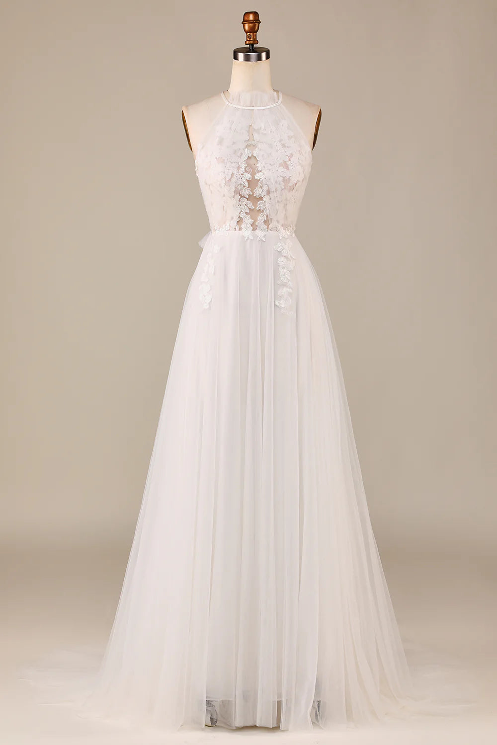 A Line Halter Neck Ivory Open Back Tulle Sweep Train Wedding Dress with Lace