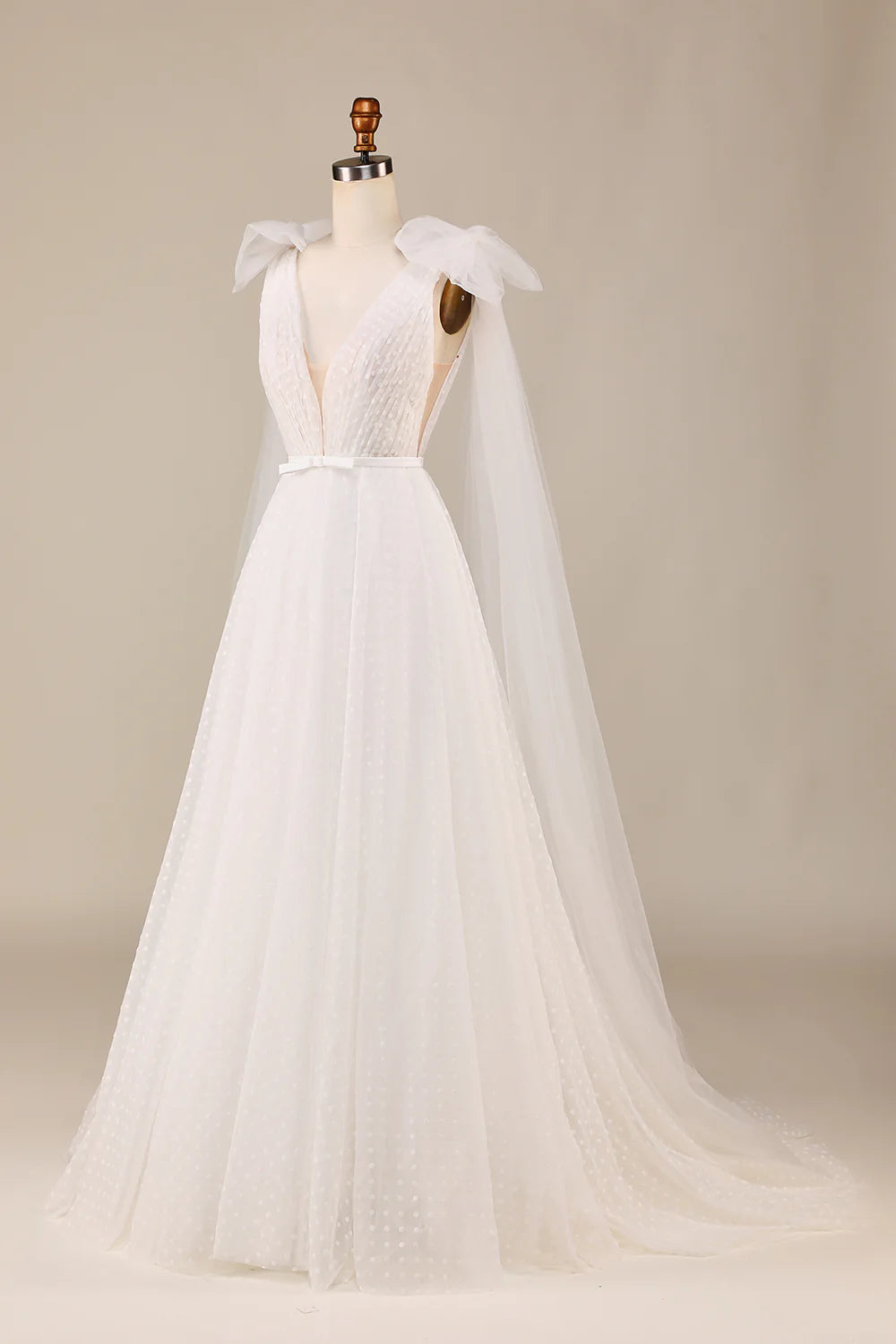 A Line V Neck Ivory Detachable Watteau Train Tulle Wedding Dress
